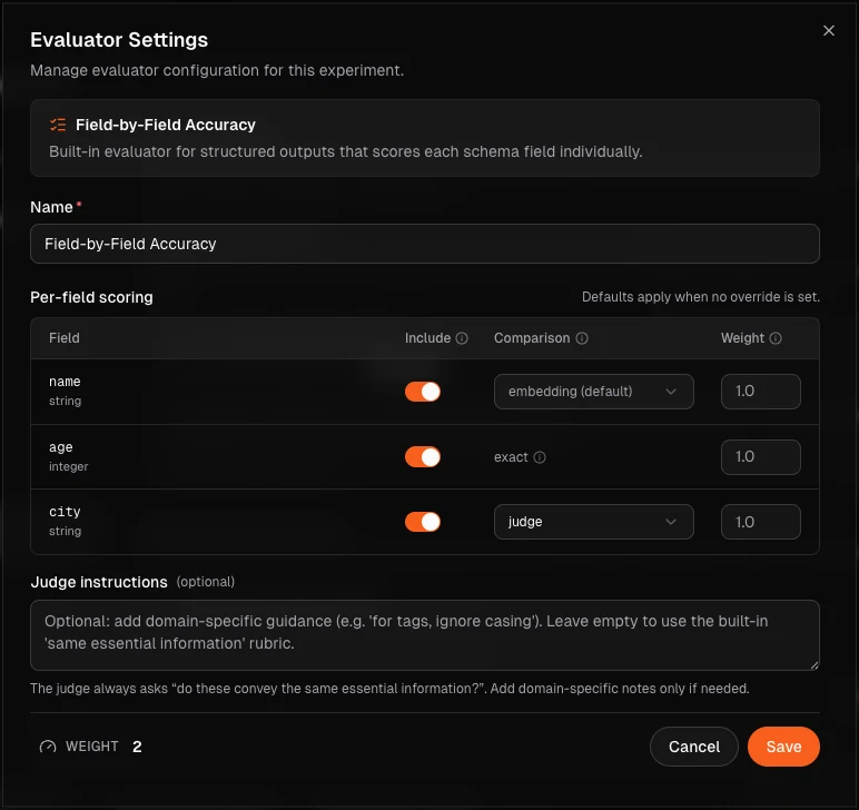 Structured output evaluator settings with per-field scoring controls