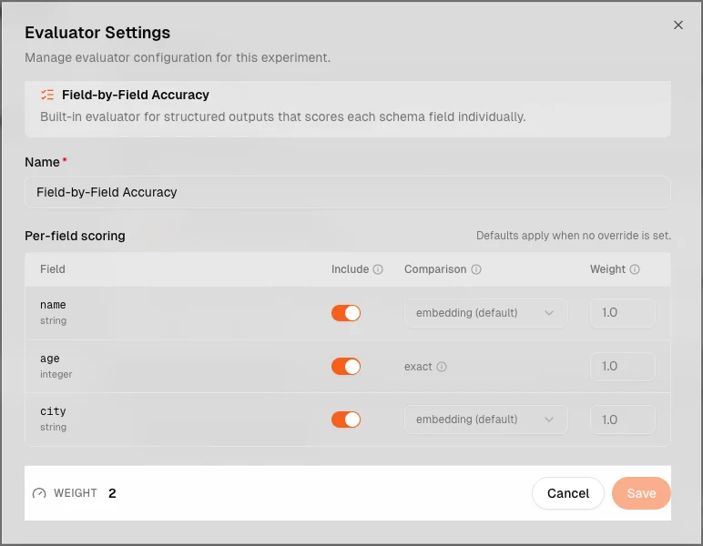 Structured output evaluator settings with per-field scoring controls