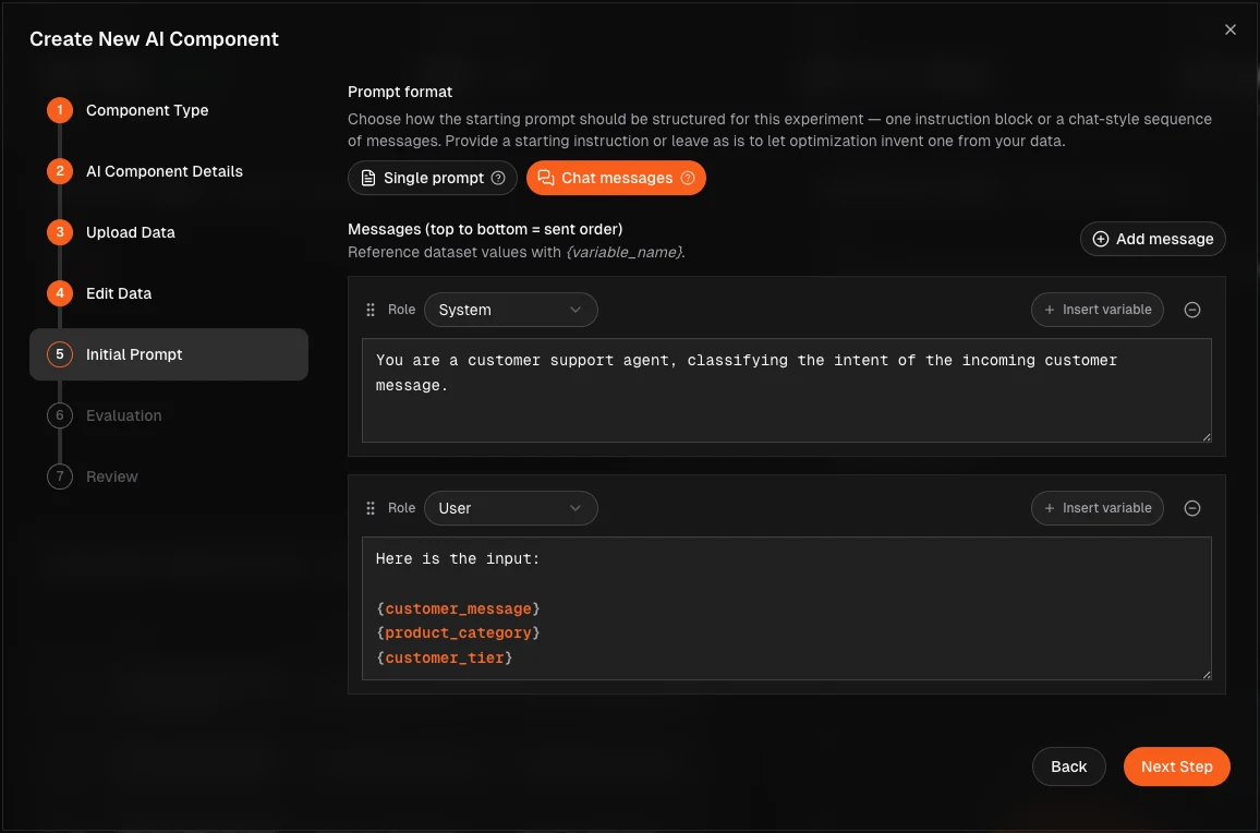Chat message prompt editor