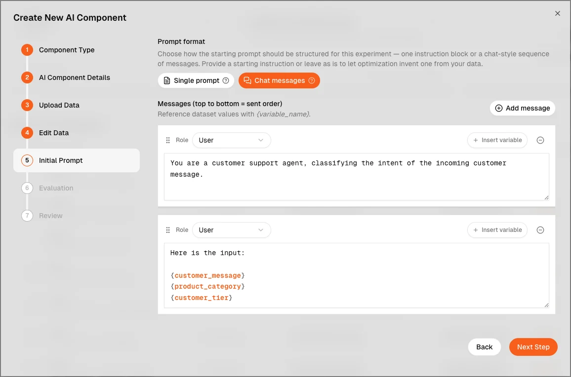 Chat message prompt editor