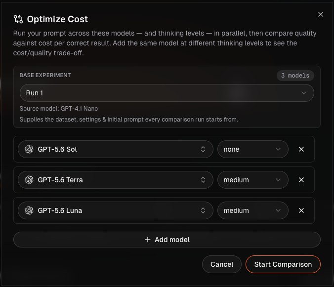 Optimize Cost dialog comparing three model and thinking-level configurations from a base experiment